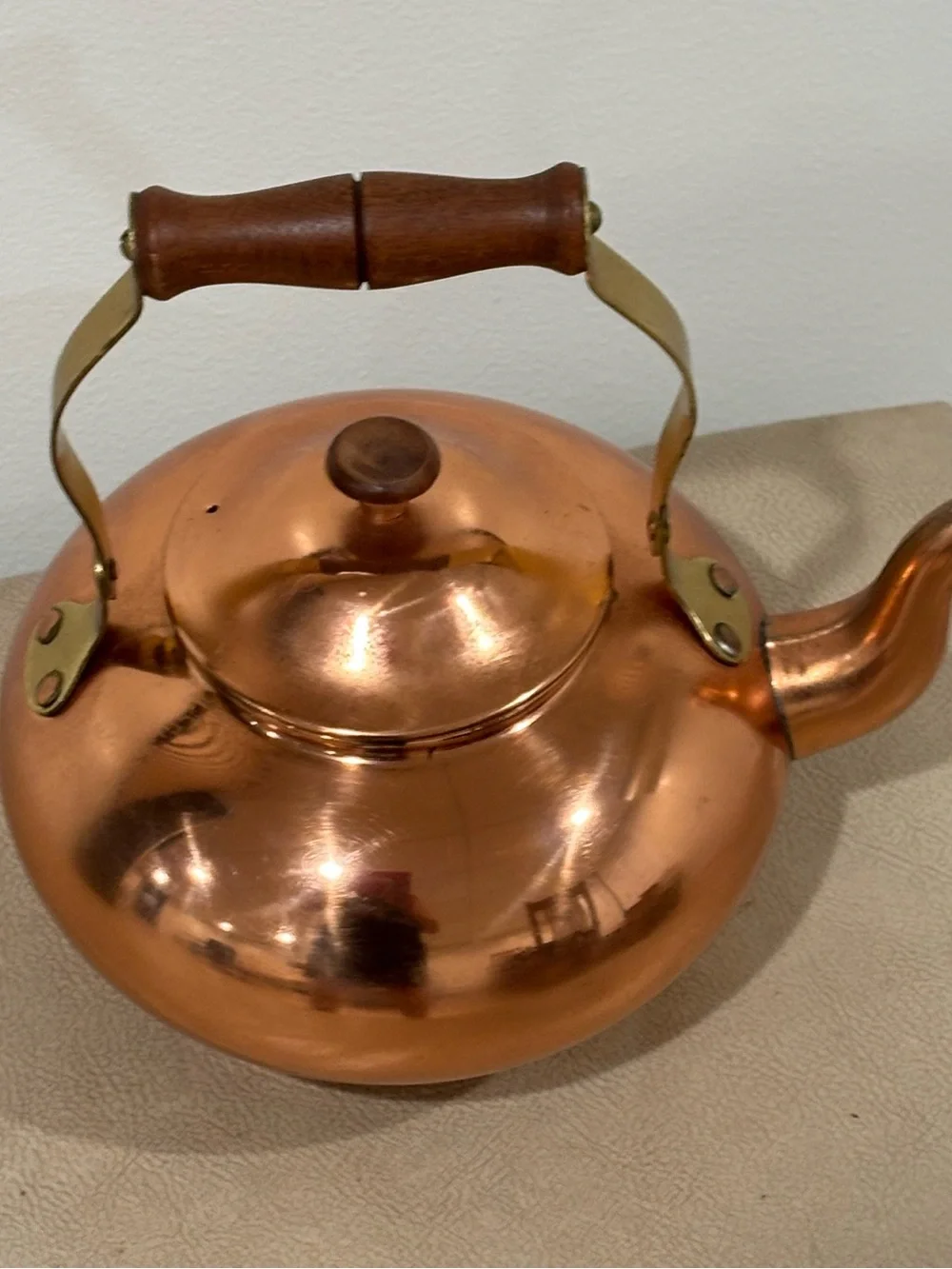 Vintage Copper Teapot with Tin Lining and Wood Handle Made in Portugal